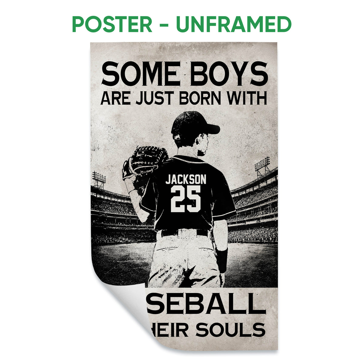 Unframed baseball poster showing a player with a glove in a stadium setting