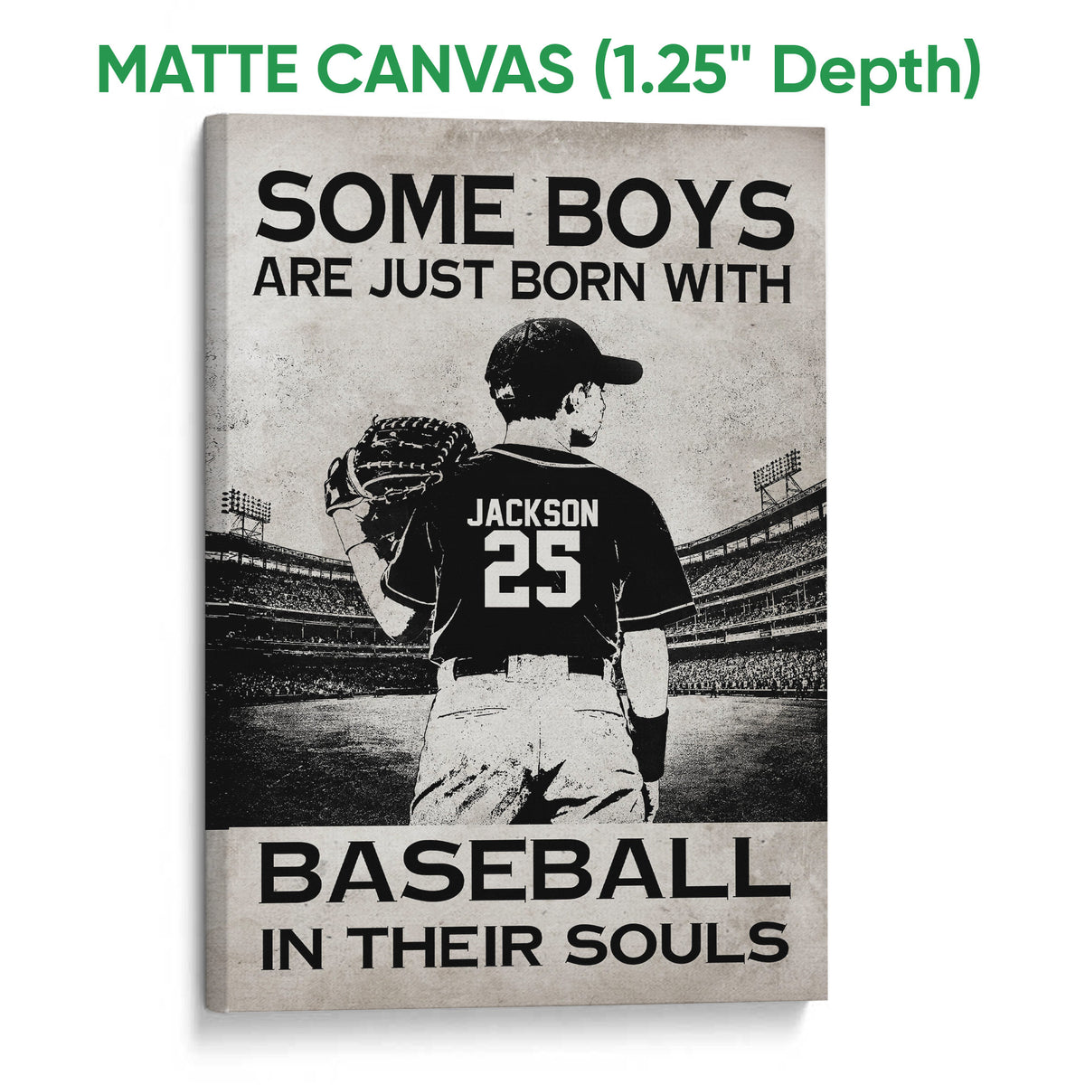 Matte canvas baseball wall art featuring a stadium player and bold monochrome design