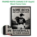 Framed baseball canvas wall art shown with a black frame and close-up edge detail