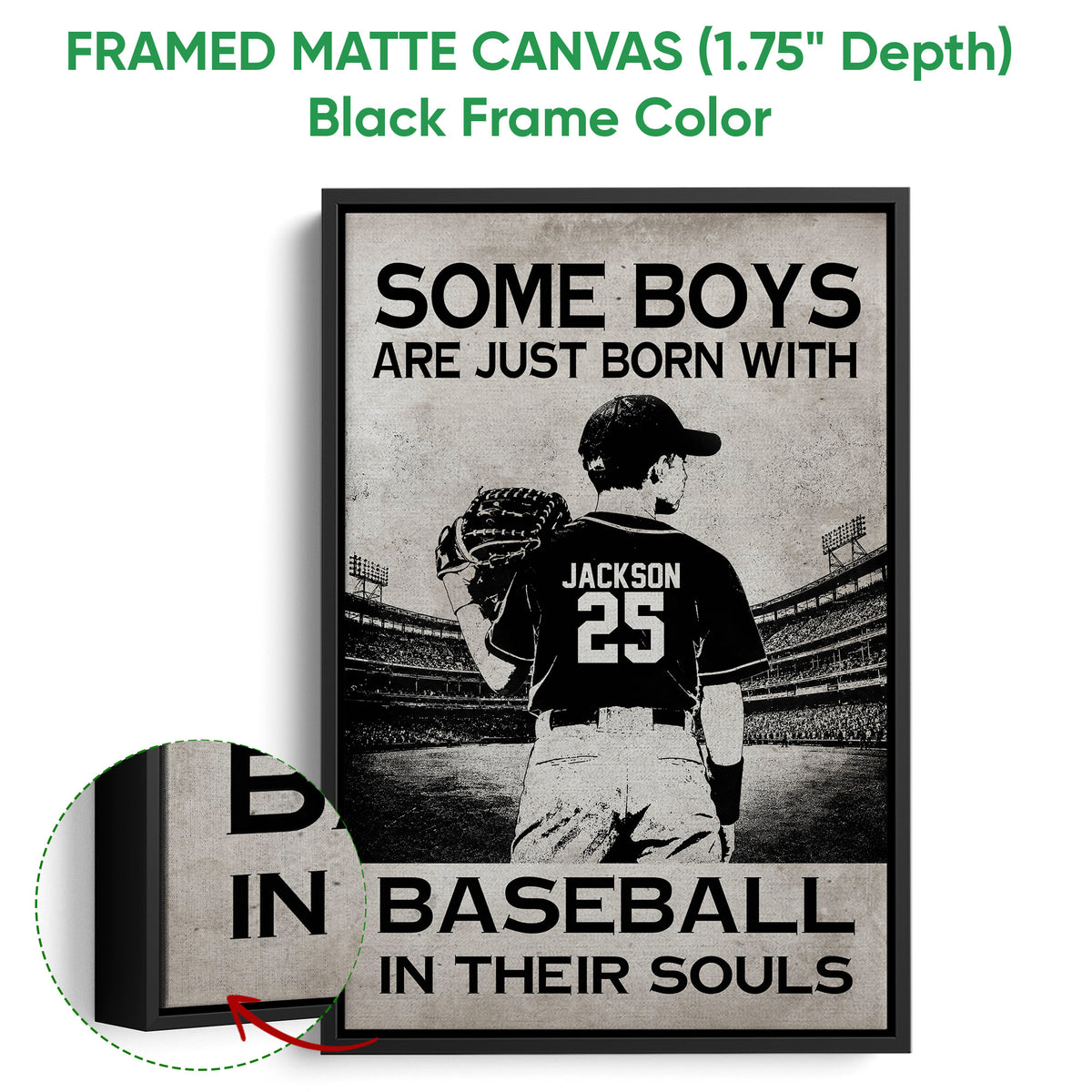 Framed baseball canvas wall art shown with a black frame and close-up edge detail