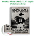 Framed baseball canvas wall art shown with a white frame and close-up edge detail
