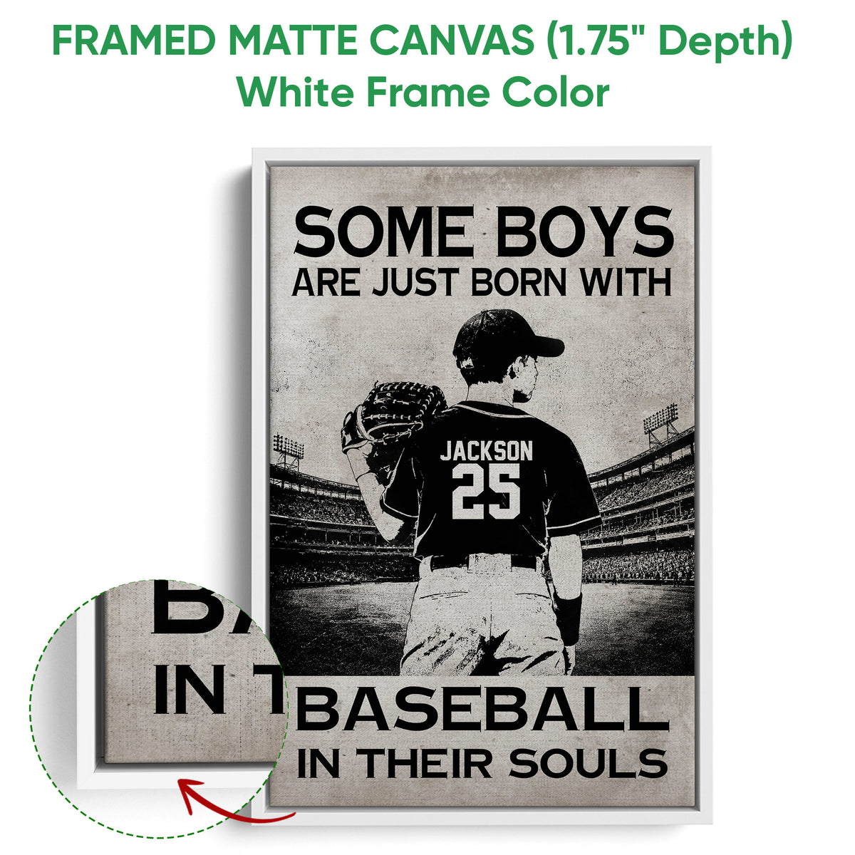 Framed baseball canvas wall art shown with a white frame and close-up edge detail