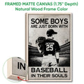 Framed baseball wall art shown in a natural wood frame with close-up corner detail