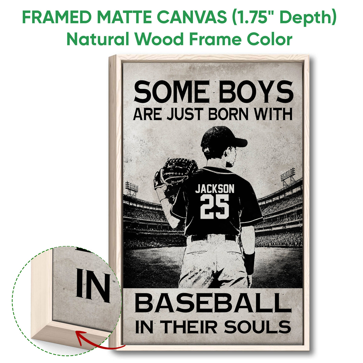 Framed baseball wall art shown in a natural wood frame with close-up corner detail