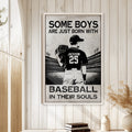 Baseball wall art displayed in a natural wood frame on a bright paneled interior wall