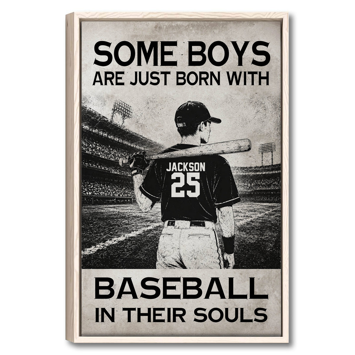 Framed baseball wall art showing a batter in a stadium with bold black and white typography