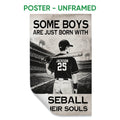 Unframed baseball poster featuring a batter in a stadium and bold monochrome typography