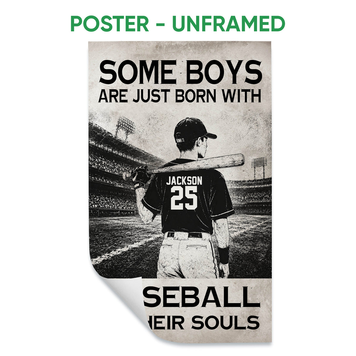Unframed baseball poster featuring a batter in a stadium and bold monochrome typography