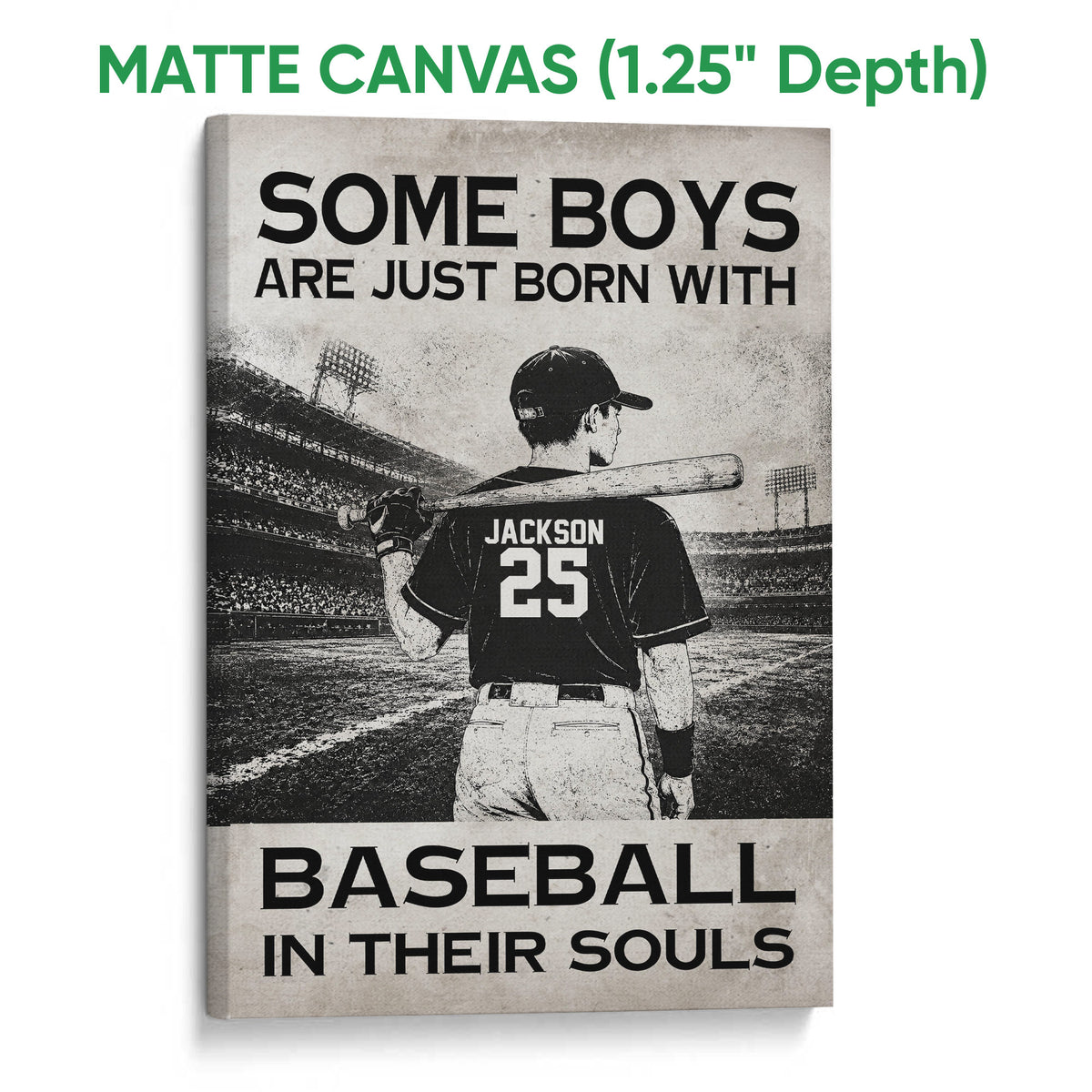 Matte canvas baseball wall art showing a stadium batter and bold black and white design