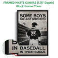 Framed matte canvas baseball wall art with a black frame and close-up canvas detail