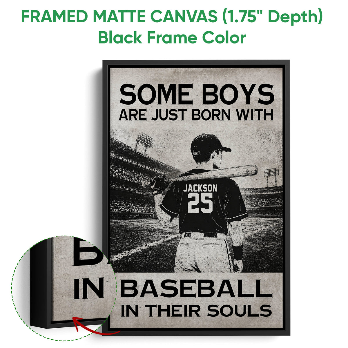 Framed matte canvas baseball wall art with a black frame and close-up canvas detail