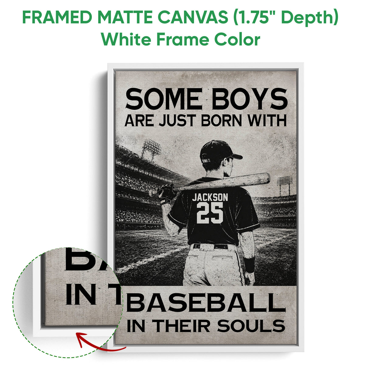 Framed matte canvas baseball wall art shown with a white frame and close-up edge detail
