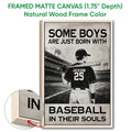 Framed matte canvas baseball wall art shown in a natural wood frame with close-up detail