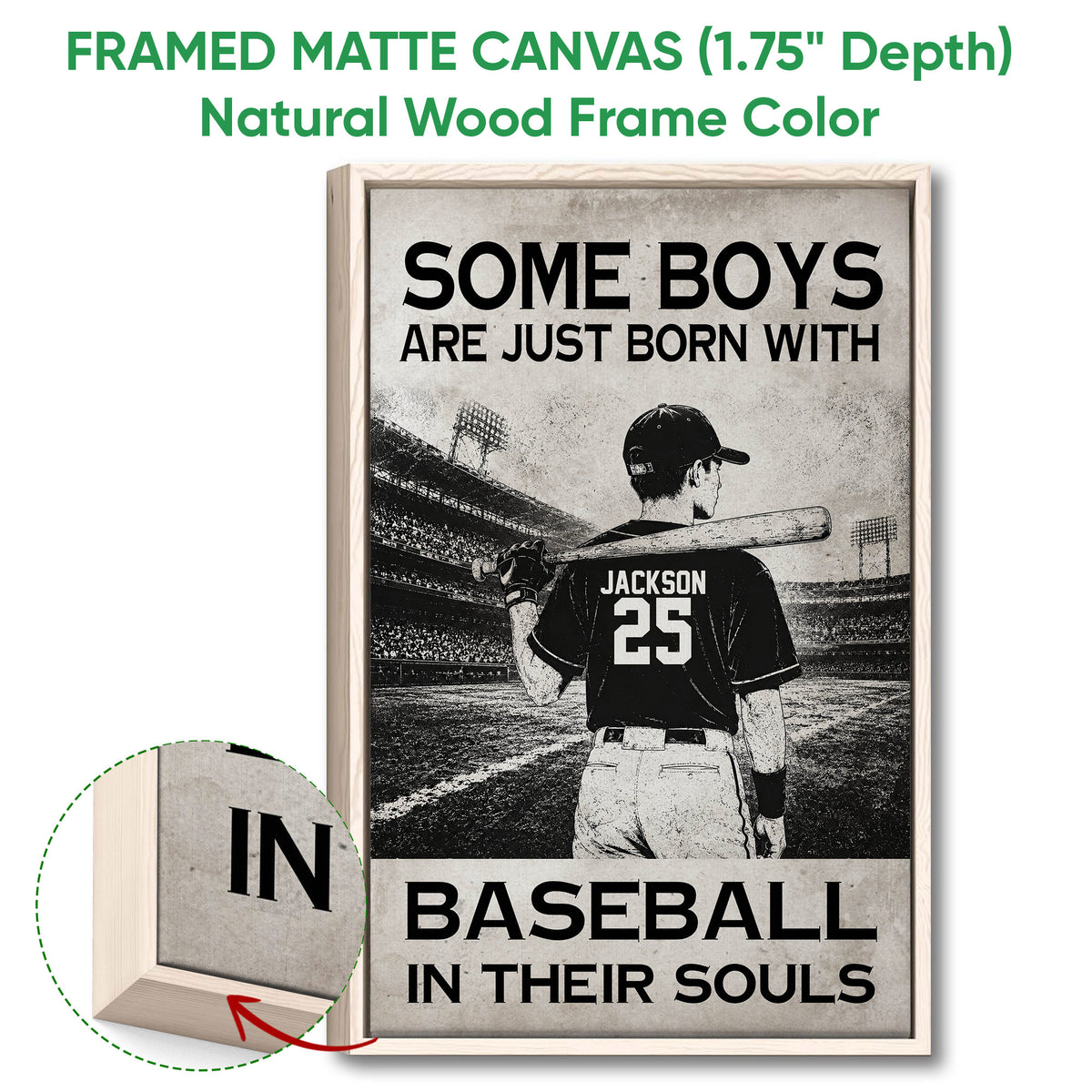 Framed matte canvas baseball wall art shown in a natural wood frame with close-up detail