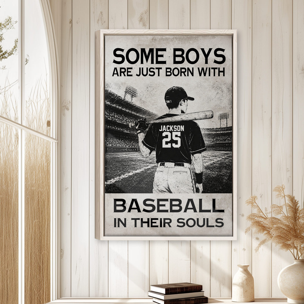 Baseball wall art displayed in a bright room with white wood paneling and neutral decor