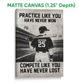 Matte canvas baseball wall art showing a batter in a stadium with monochrome motivational design