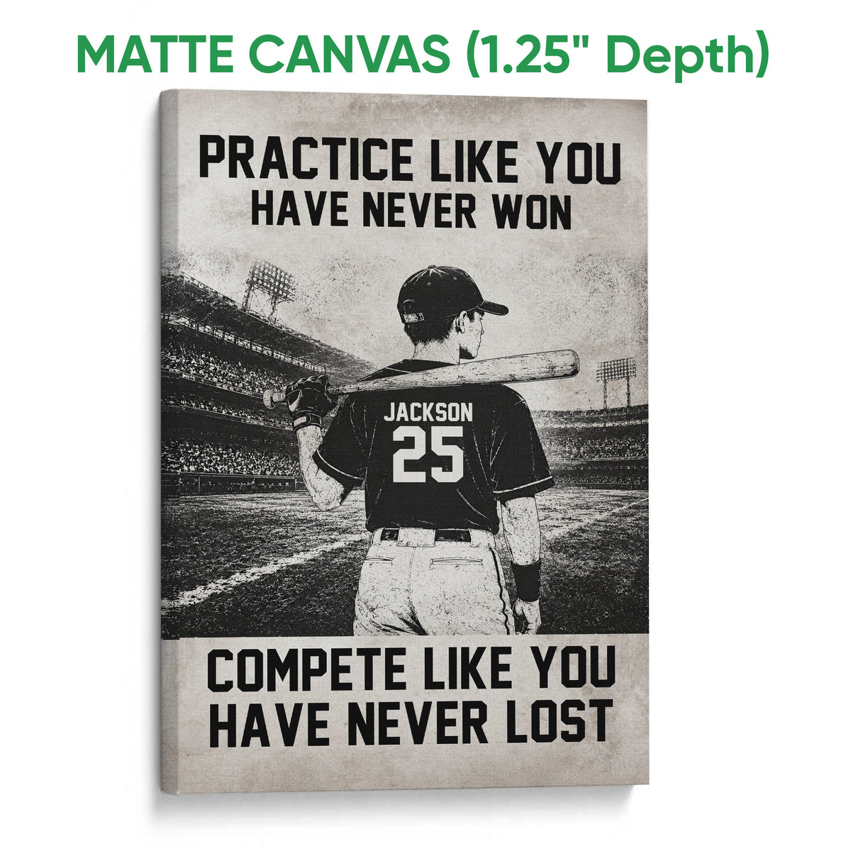 Matte canvas baseball wall art showing a batter in a stadium with monochrome motivational design
