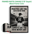 Black framed canvas baseball wall art with a stadium batter and bold monochrome typography