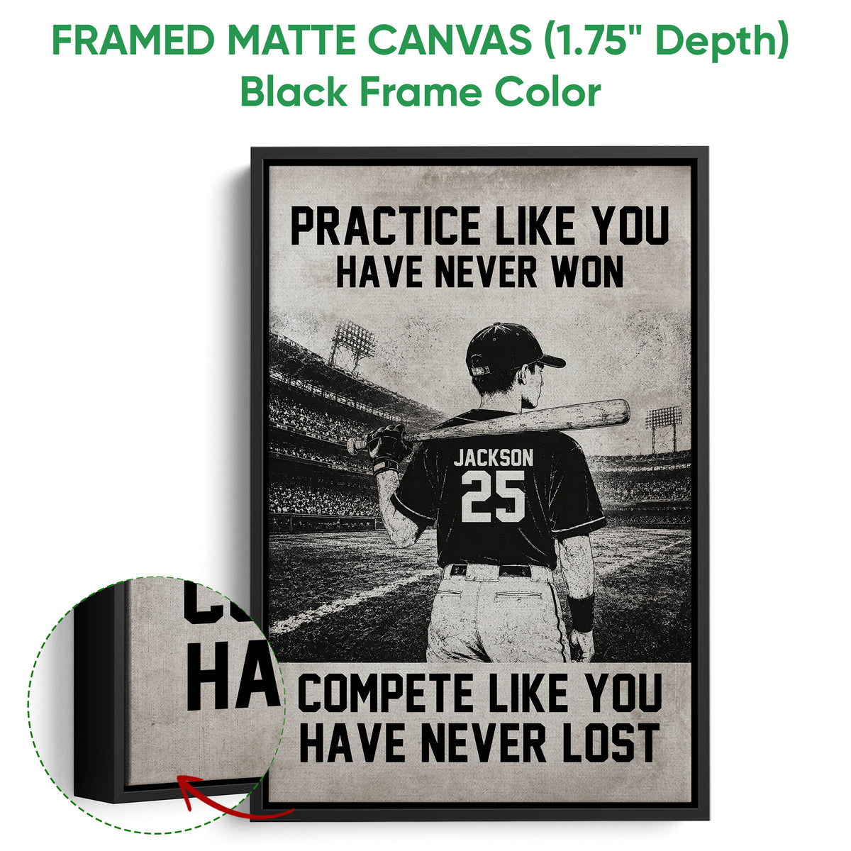 Black framed canvas baseball wall art with a stadium batter and bold monochrome typography