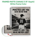 White framed canvas baseball wall art featuring a batter, stadium scene, and motivational lettering