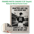Natural wood framed baseball wall art featuring a batter and distressed black and white stadium design