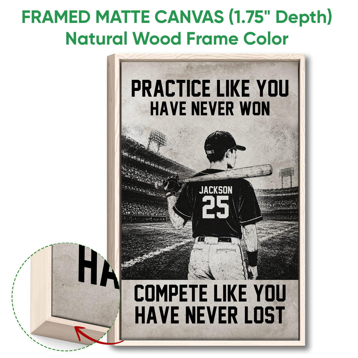 Natural wood framed baseball wall art featuring a batter and distressed black and white stadium design