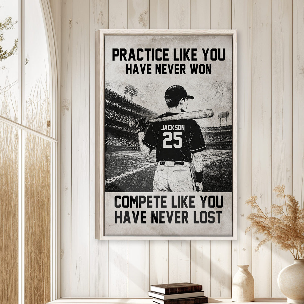 Baseball wall art displayed on a light paneled wall in a bright home decor setting