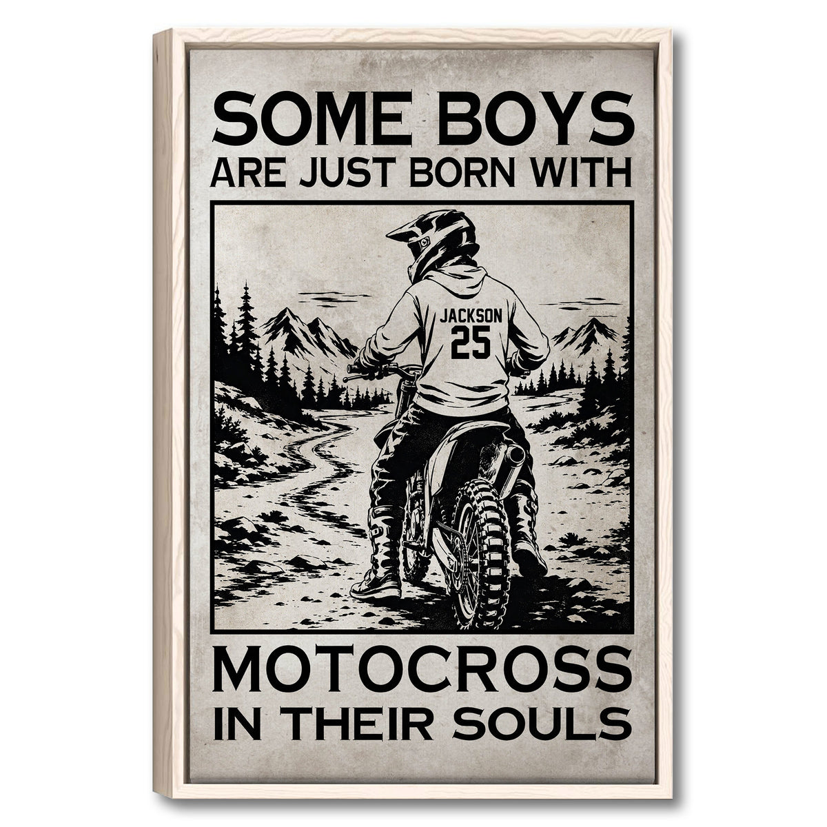 Framed motocross wall art showing a helmeted dirt bike rider on a mountain trail