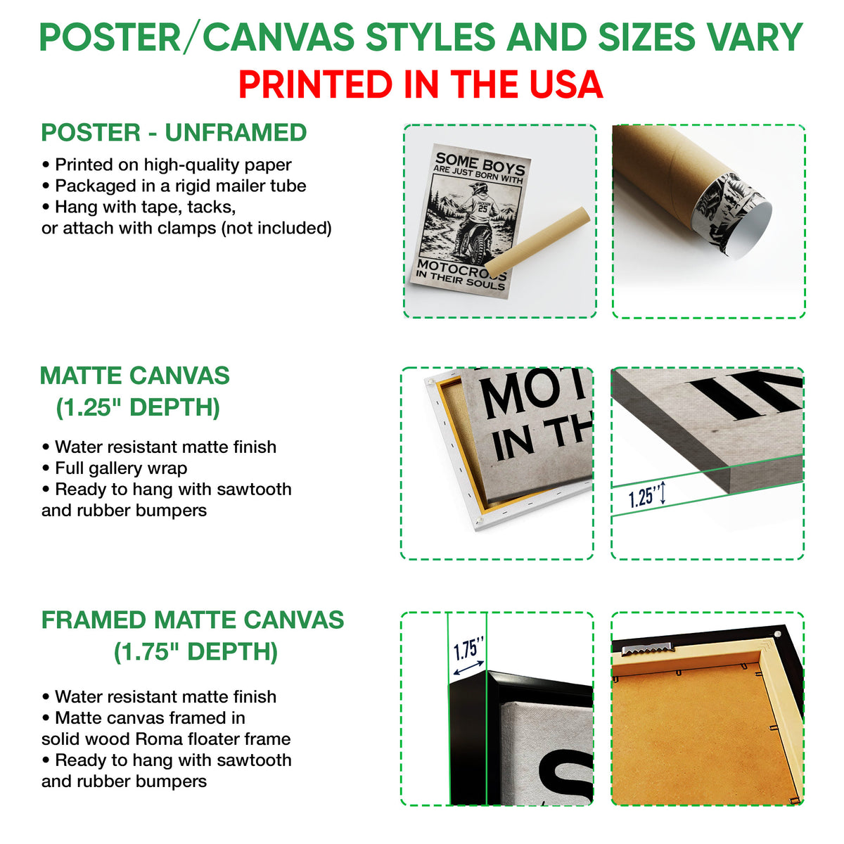 Poster and canvas format guide showing unframed poster, matte canvas, and framed canvas options