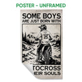 Unframed motocross poster featuring a dirt bike rider, mountains, trees, and bold typography