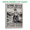 Matte canvas wall art with a black and white motocross rider and mountain trail scene