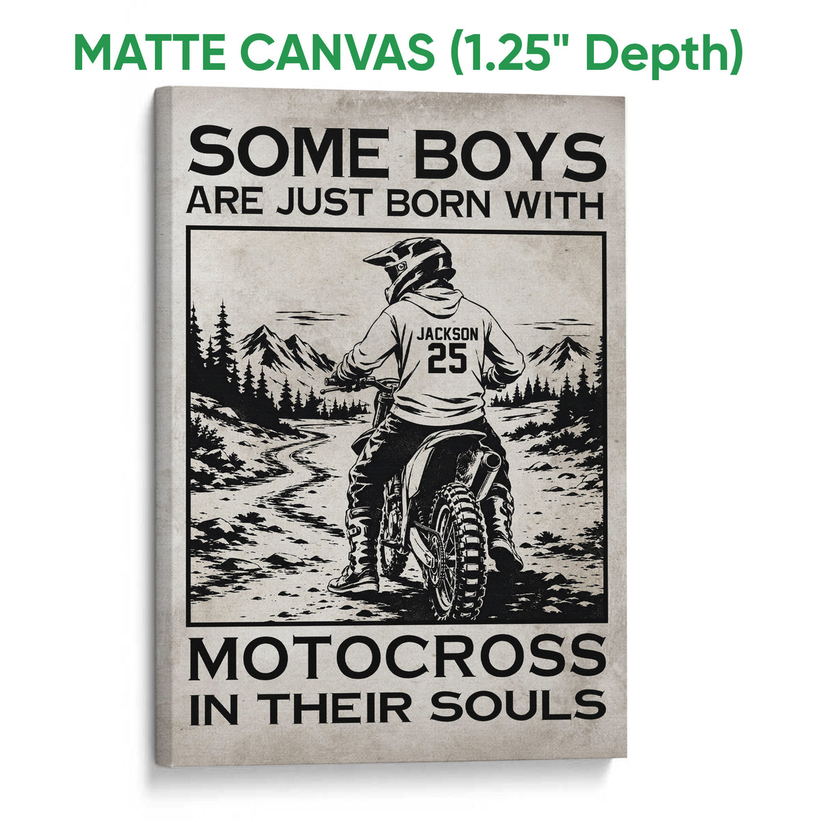 Matte canvas wall art with a black and white motocross rider and mountain trail scene