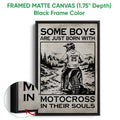 Black framed canvas motocross wall art with a detailed dirt bike rider and landscape