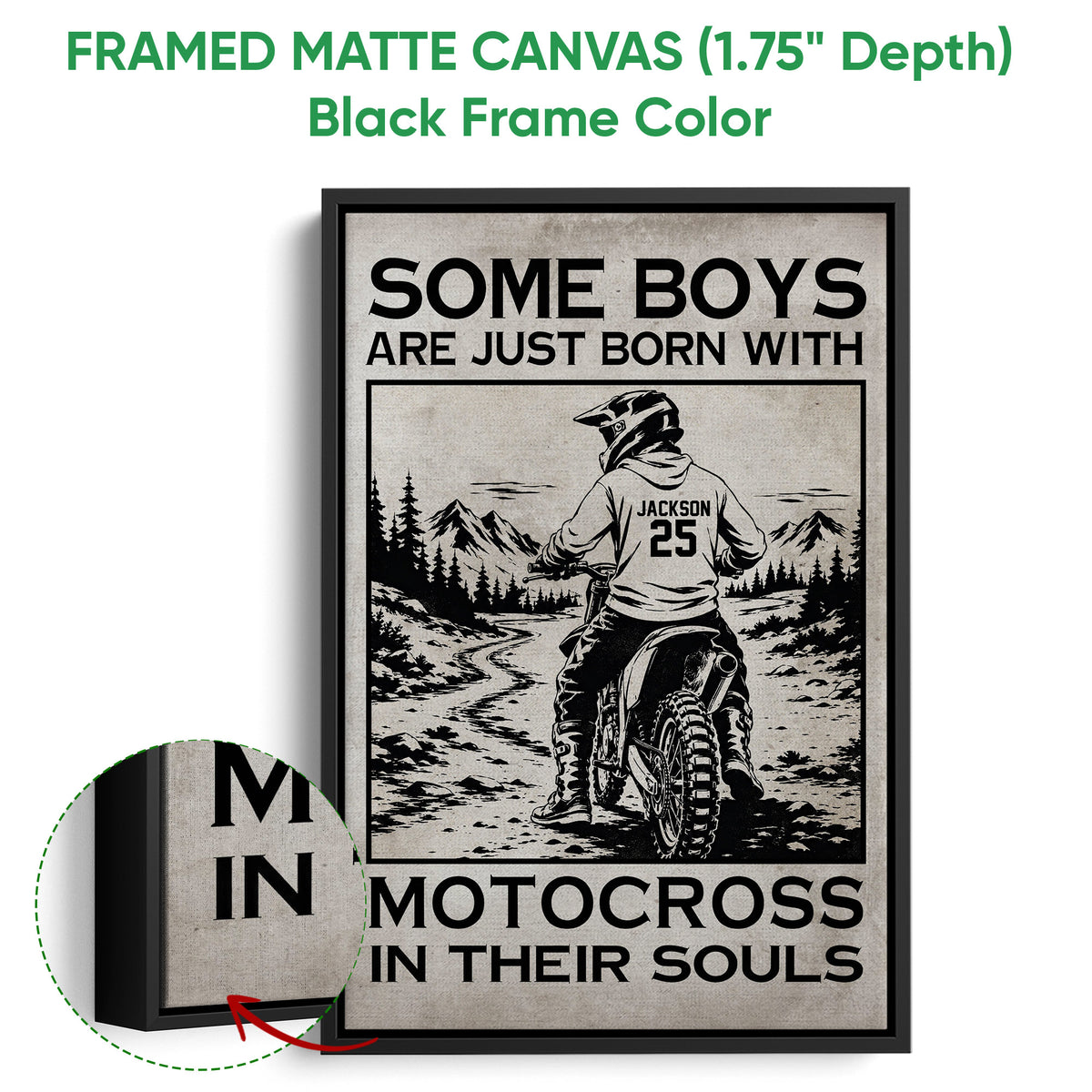 Black framed canvas motocross wall art with a detailed dirt bike rider and landscape