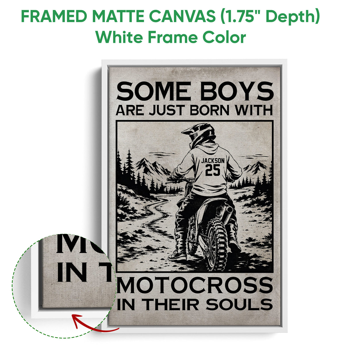White framed canvas featuring a black and white motocross rider and rugged outdoor scenery