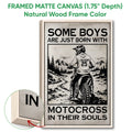 Natural wood framed motocross wall art featuring a dirt bike rider in a mountain landscape