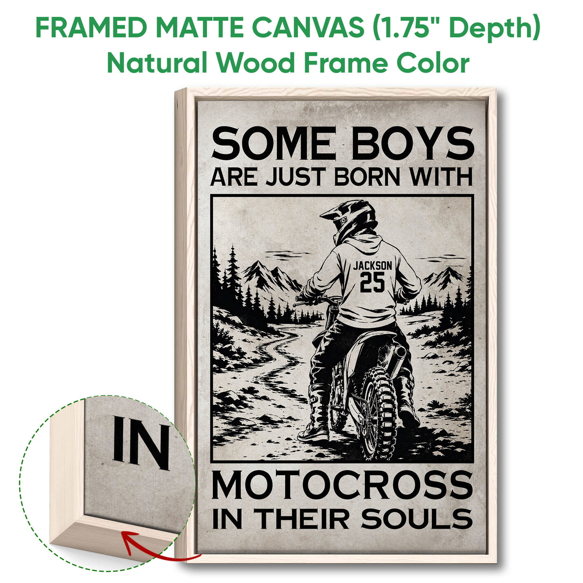 Natural wood framed motocross wall art featuring a dirt bike rider in a mountain landscape