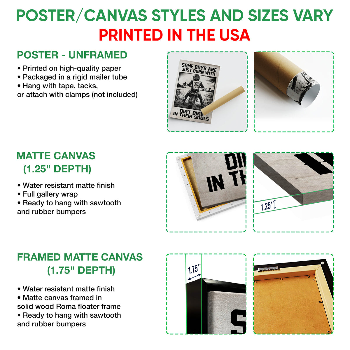 Poster and canvas wall art format guide showing motocross artwork, unframed poster, canvas and framed canvas options