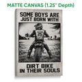 Matte canvas motocross wall art with a rear view of a dirt bike rider and bold black statement typography