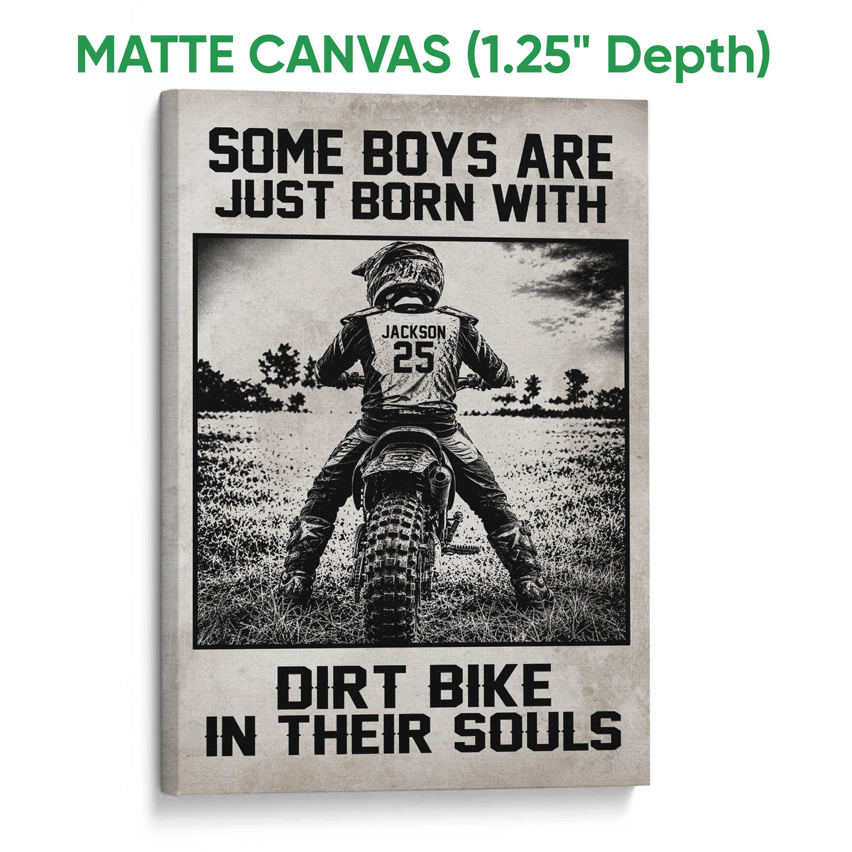 Matte canvas motocross wall art with a rear view of a dirt bike rider and bold black statement typography