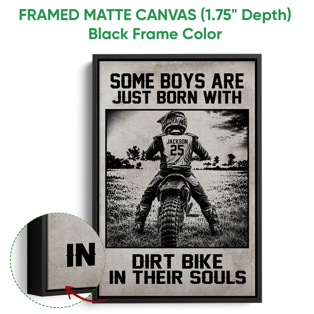 Black framed canvas motocross wall art with a dirt bike rider, monochrome artwork and bold typography