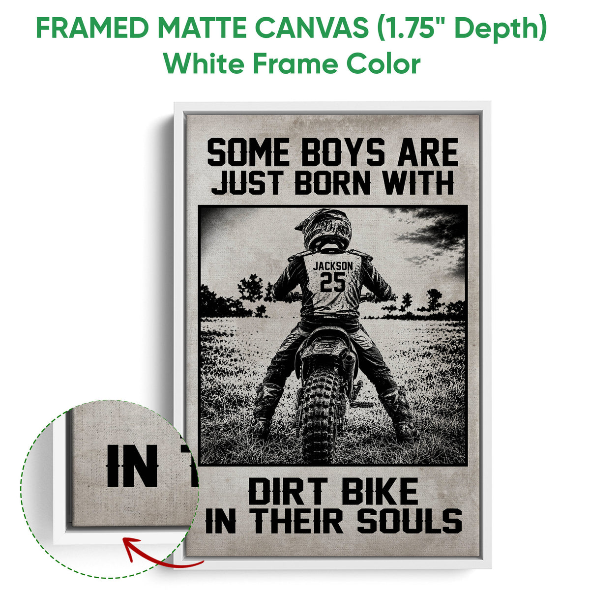 White framed canvas motocross wall art featuring a dirt bike rider in a high contrast outdoor scene