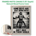 Natural wood framed motocross wall art showing a dirt bike rider and rugged black and white landscape