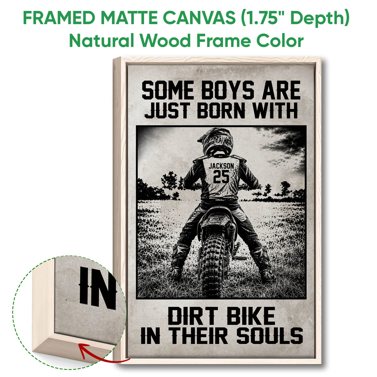 Natural wood framed motocross wall art showing a dirt bike rider and rugged black and white landscape
