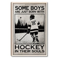 Framed hockey wall art showing a player skating outdoors in a black and cream distressed design