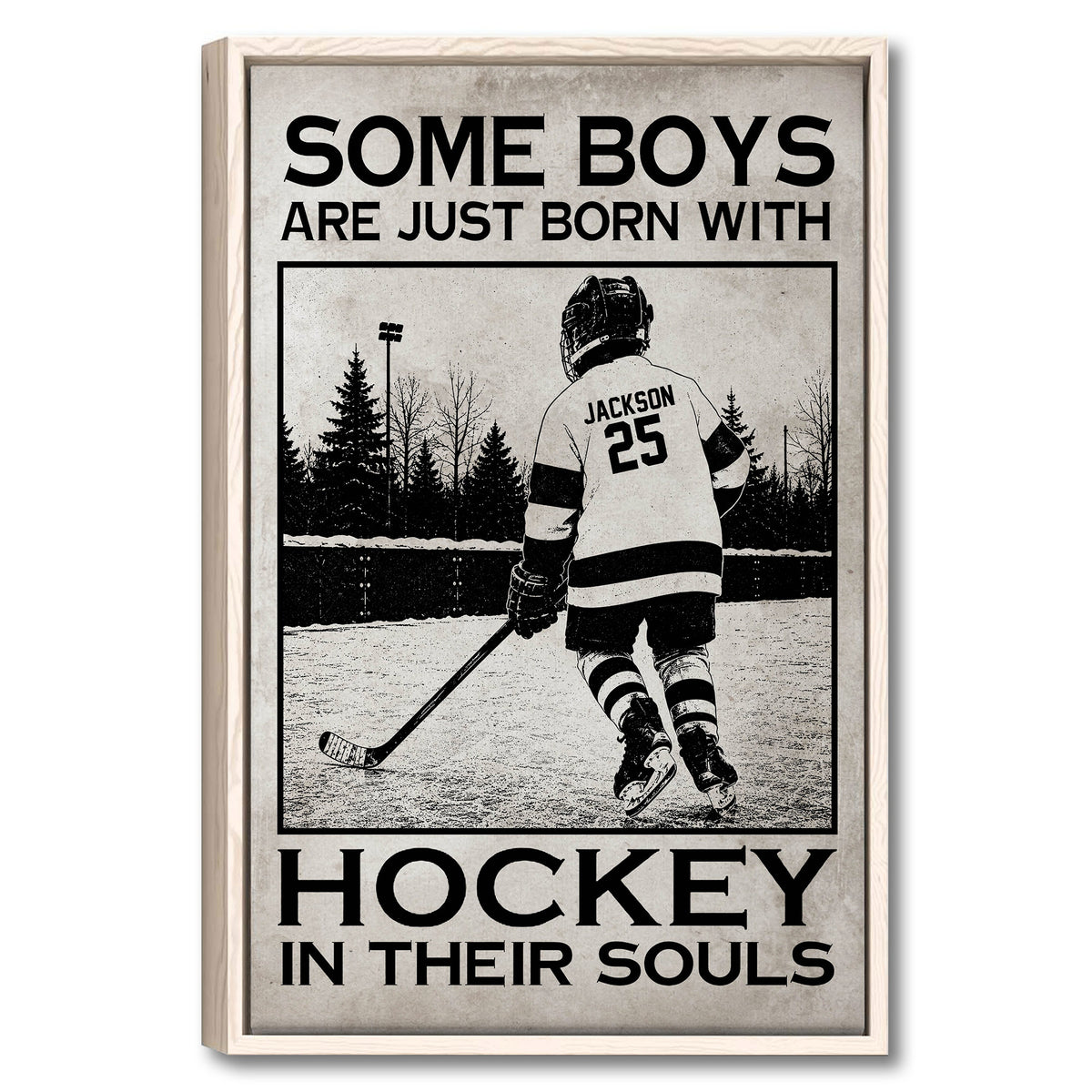 Framed hockey wall art showing a player skating outdoors in a black and cream distressed design