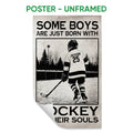 Unframed hockey poster featuring a player on an outdoor ice rink in a vintage black and cream style