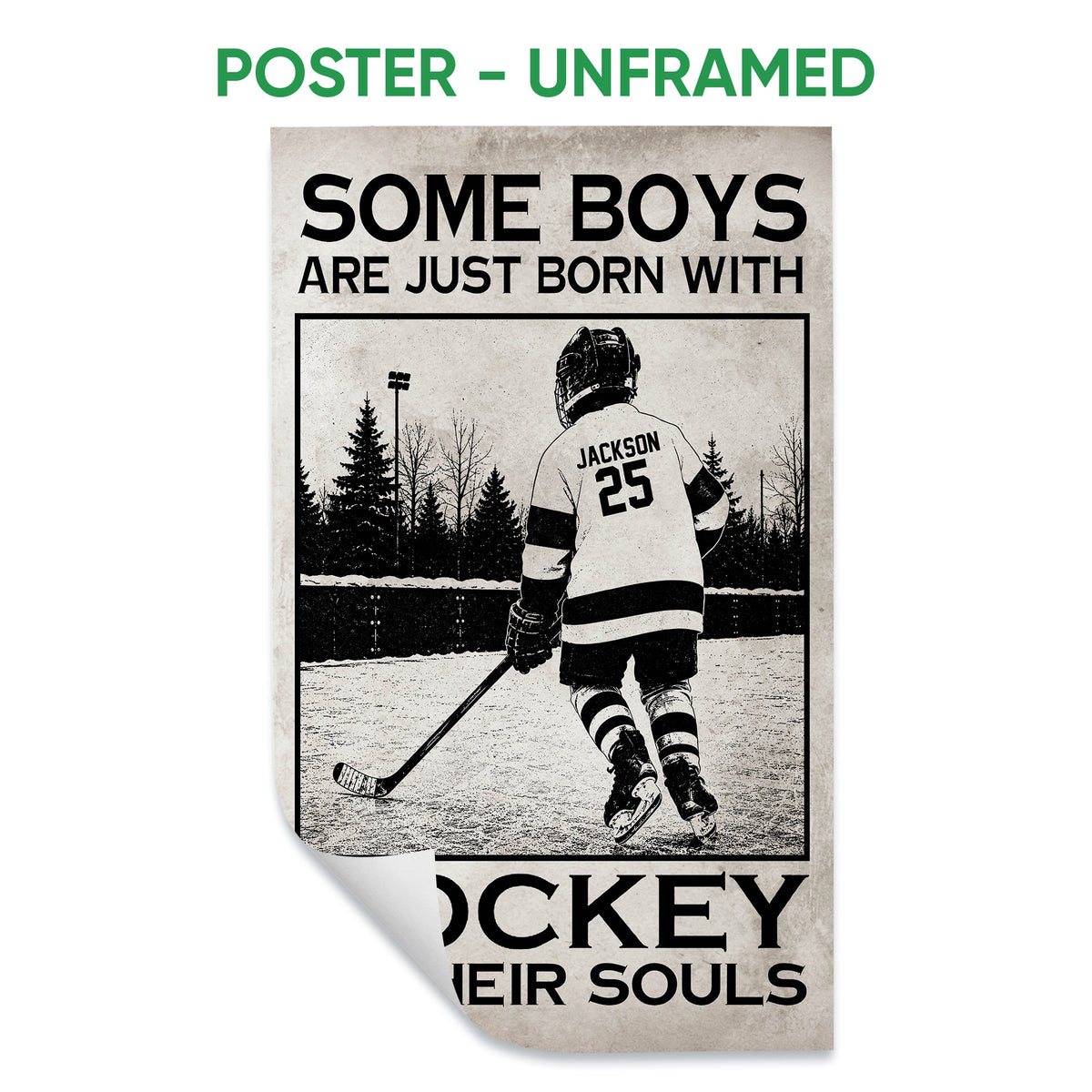 Unframed hockey poster featuring a player on an outdoor ice rink in a vintage black and cream style
