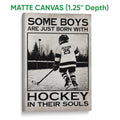 Matte canvas hockey wall art featuring a skater, hockey stick, outdoor rink, and distressed monochrome design