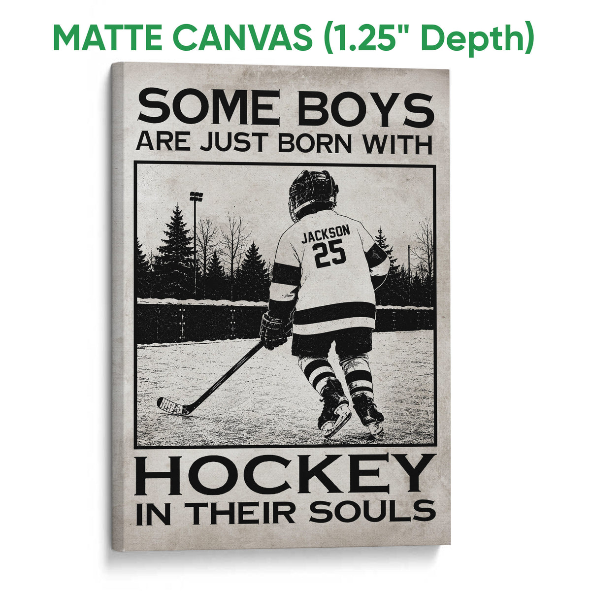 Matte canvas hockey wall art featuring a skater, hockey stick, outdoor rink, and distressed monochrome design